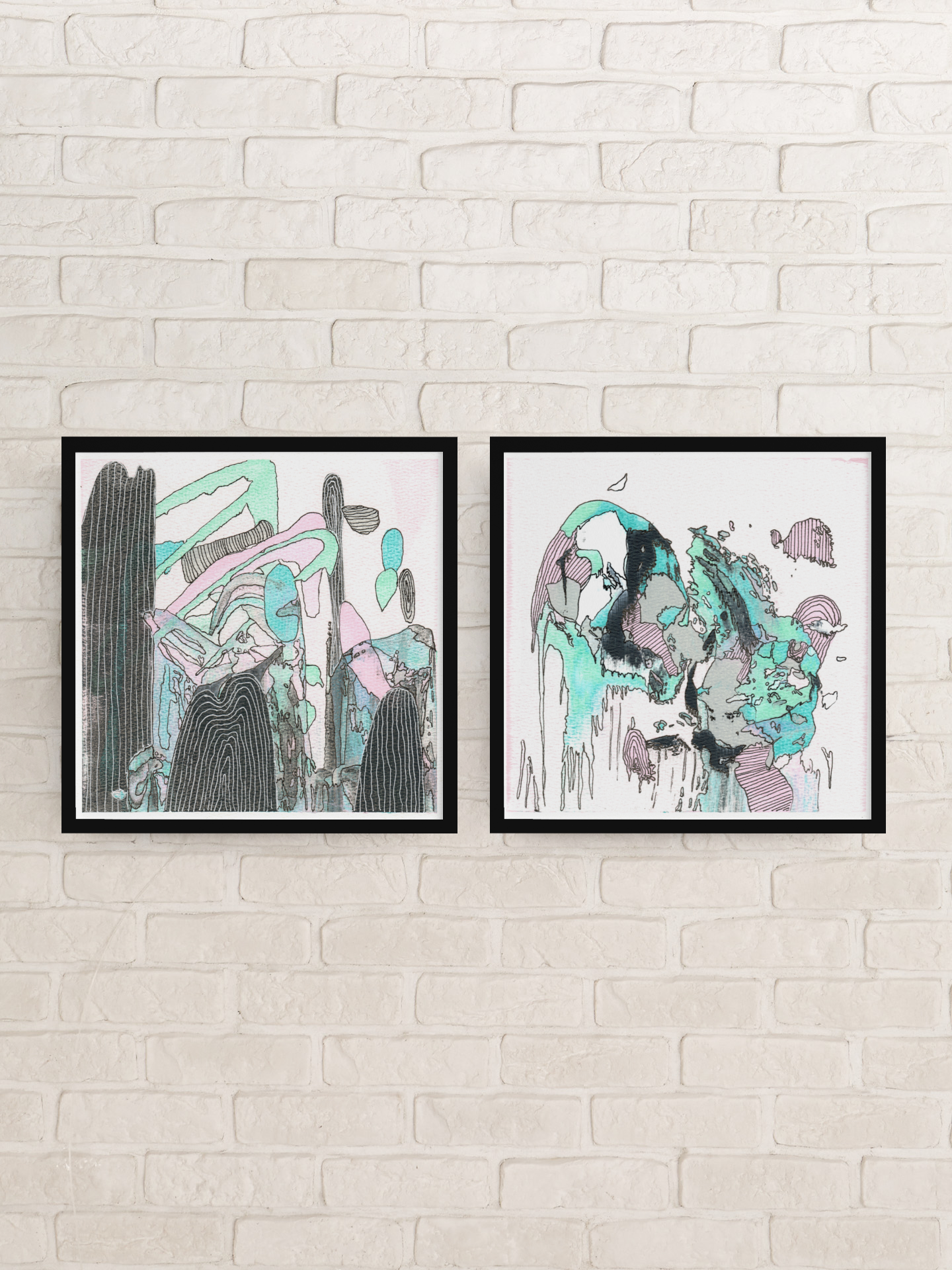 Pastel Pink, Green, Teal, Black and White Abstract Print