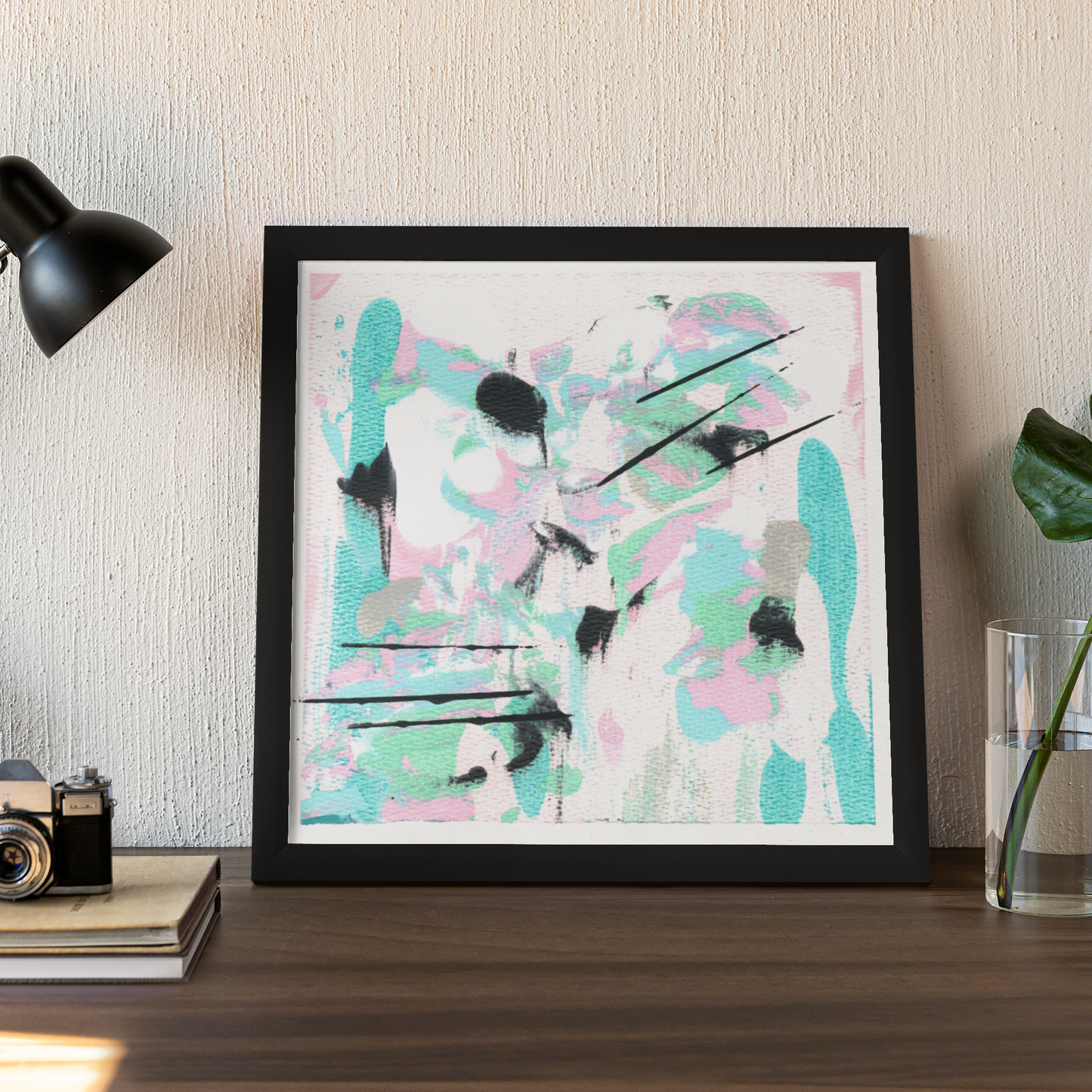 Mint Green, Pink, White and Black Abstract Print