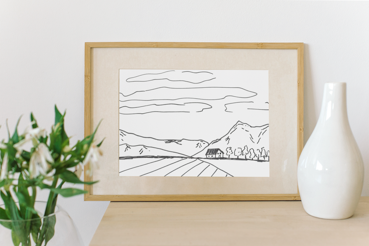 Modern Black and White Simplistic Landscape drawing